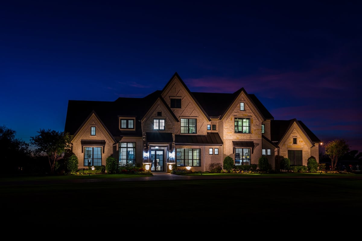 Commercial building illuminated for the holidays at night