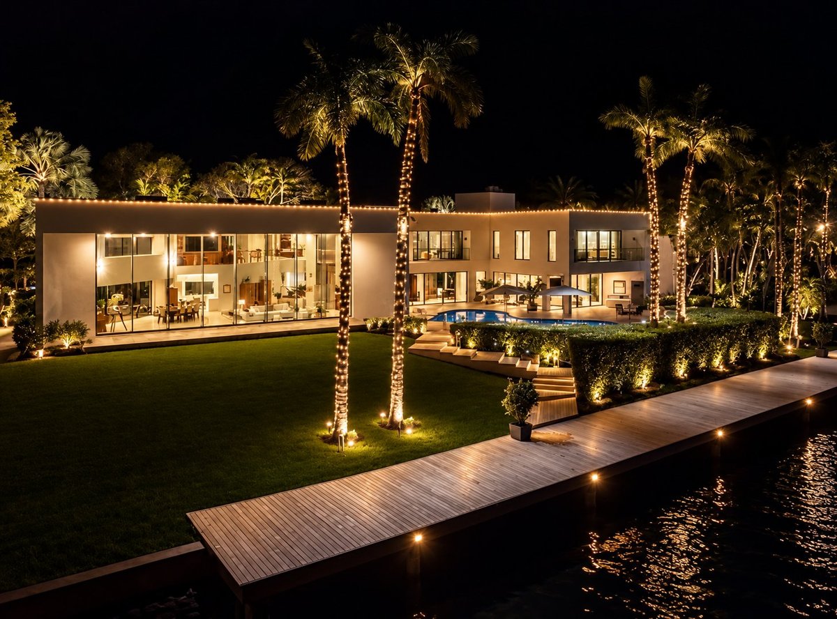 Modern illuminated waterfront house with lit palm trees, manicured lawn, wooden dock, and pool at night
